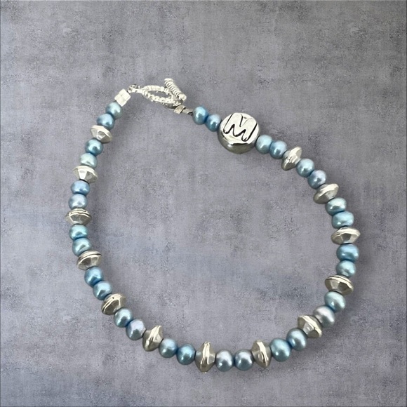 Blue faux pearls & silver beads bracelet silver plated toggle - Picture 1 of 4